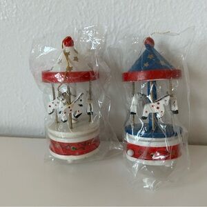 NEW Set of 2 Vintage Wood Horse Carousel Wooden Christmas Tree Ornament 4” T
